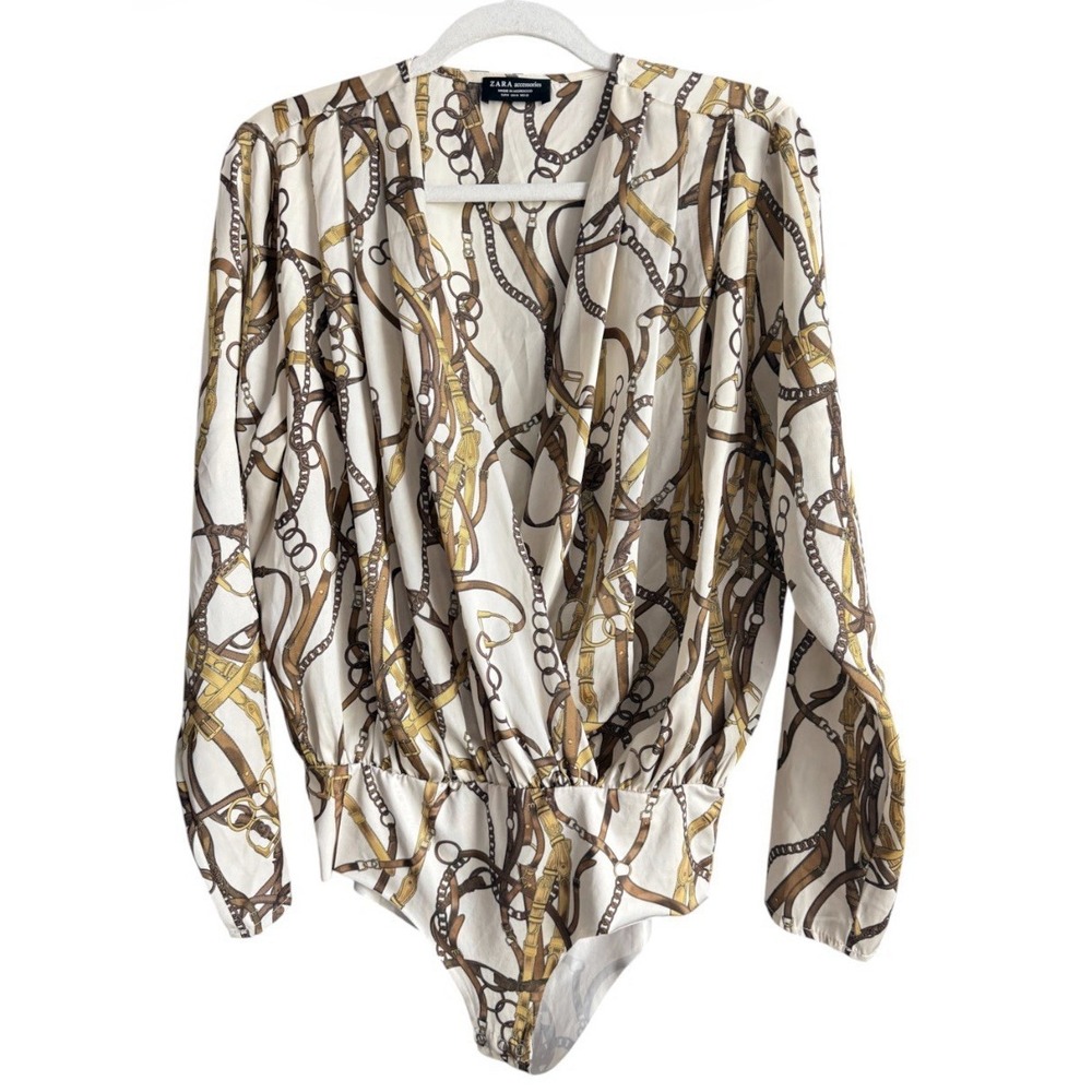 Zara Equestrian Chain Link Print Wrap Bodysuit Blouse Top Gold Brown Ivory Sz M